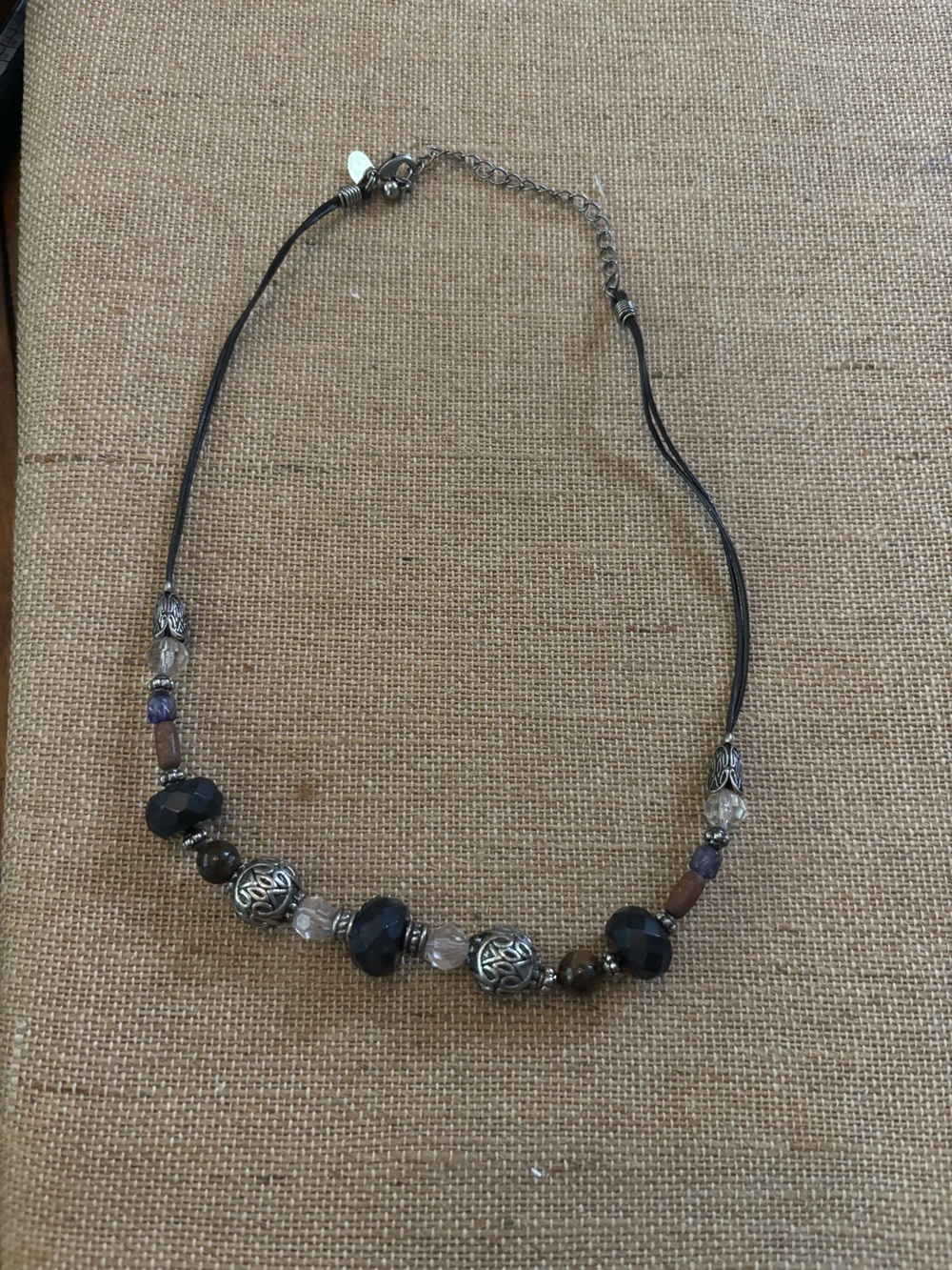 Lia Sophia Necklace Blue Sodalite Stone Wood Bead Leather Cord Retired 16-19"